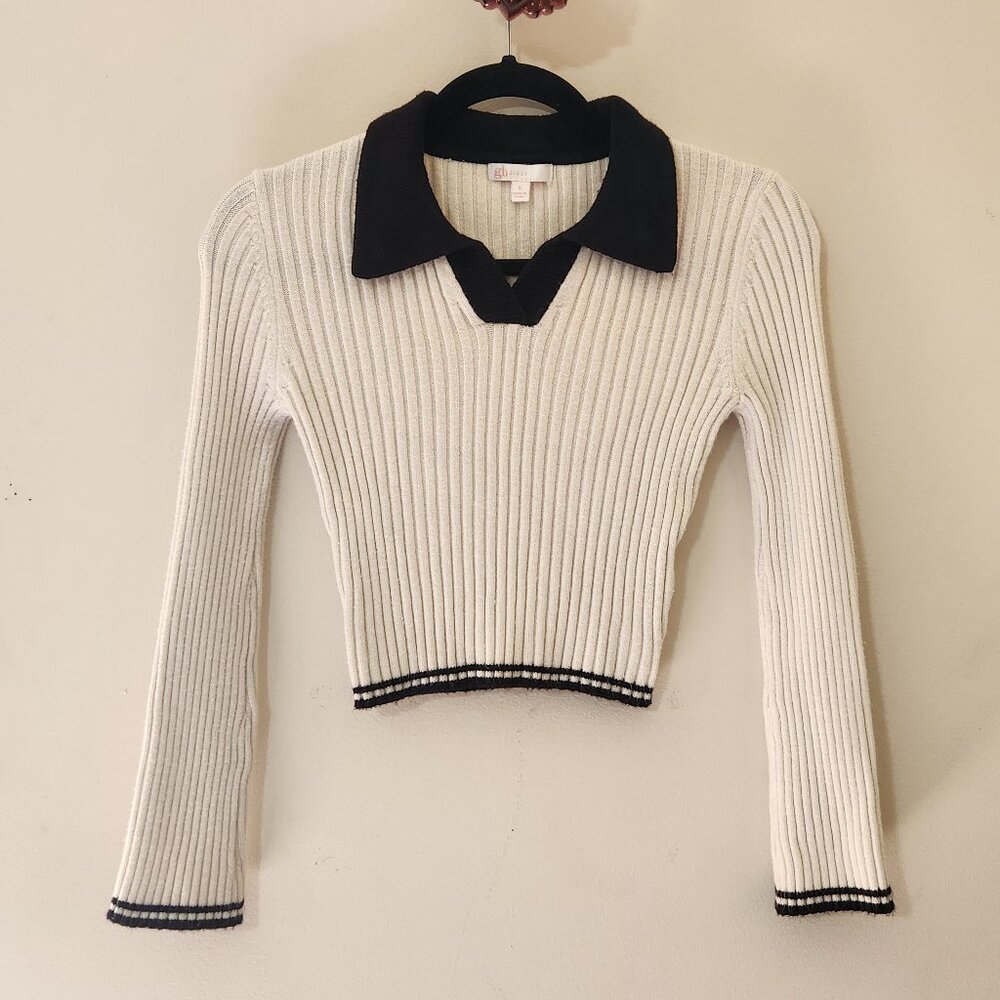 GB Girls L 10/12 Ivory & Black Cropped Ribbed Knit V-Neck Polo Y2K Sweater